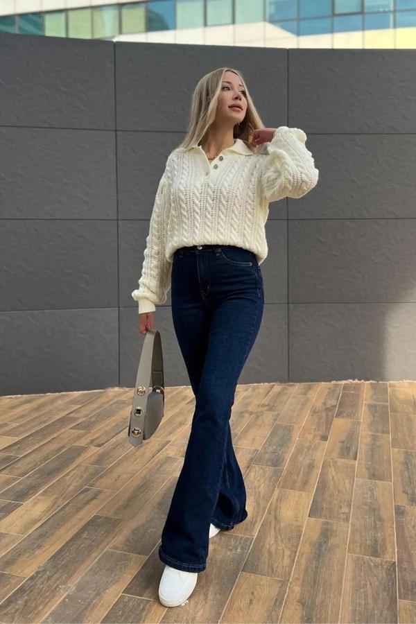 Kleshus Ganikus Bahar Kadın Ispanyol Lacivert Esnek Flare Jeans Kot Pantolon-2 - Image 1