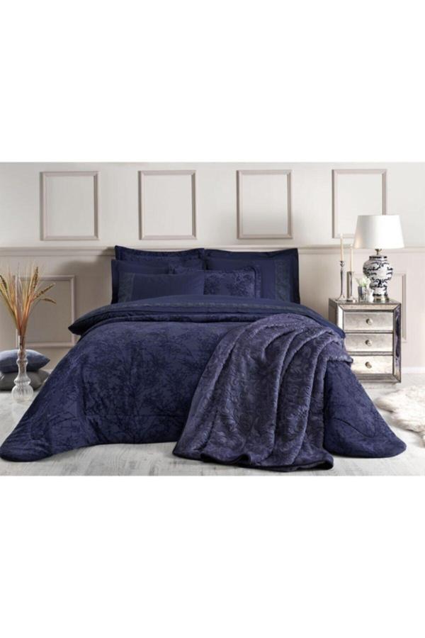 Özdilek Lacivert Branch Çift Kişilik Yatak Örtüsü Çeyiz Seti - Image 1