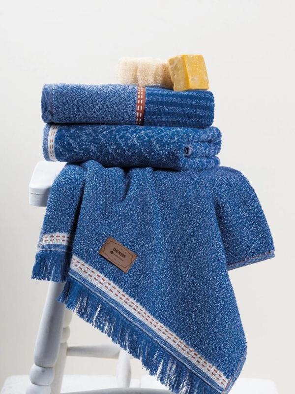 Cotton Box 3'lü Jakarlı Havlu Seti Çantalı (50x90)-Denim Mavi - Image 1