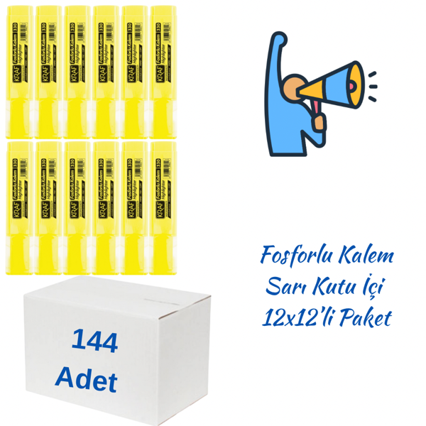 Kraf Fosforlu Kalem 330 Sarı 144 Adet - Image 1