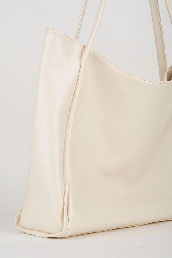 Kadın Torba Krem Kırışık Suni Deri Büyük Boy Fermuar Kapama El Kol Ve Omuz Çantası - Image 1