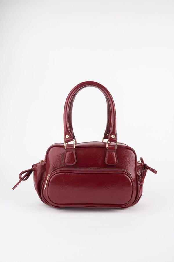 Kadın Mila Bordo Kırışık Parlak Suni Deri Fermuar Kapama Askılı El Kol Ve Omuz Çantası - Image 1