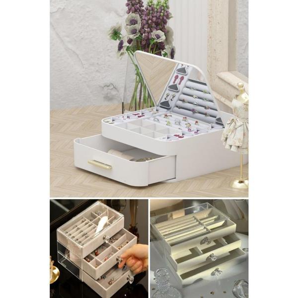 Piev House By House Çekmeceli Aynalı ve Üç Katlı Çekmeceli Takı Kozmetik Organizer İkili Set - Image 1
