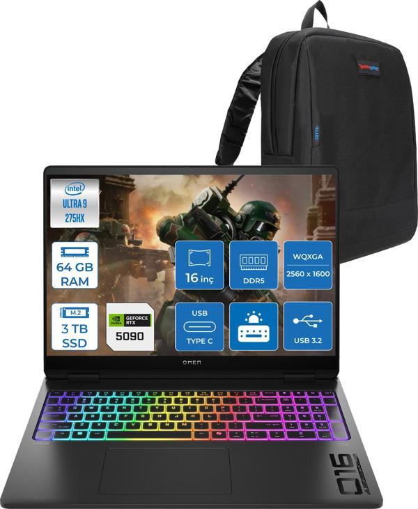Hp Omen Max 16-AH0004NT Intel Core Ultra 9 275HX 64GB Ddr5 1tb SSD + 2 Tb SSD 24GB Nvıdıa RTX5090 16 Inç 500NITS 2k Wqxga 240Hz 3ms IPS Freedos Siyah OB92QMEAF15 + Zetta Çanta - Image 1