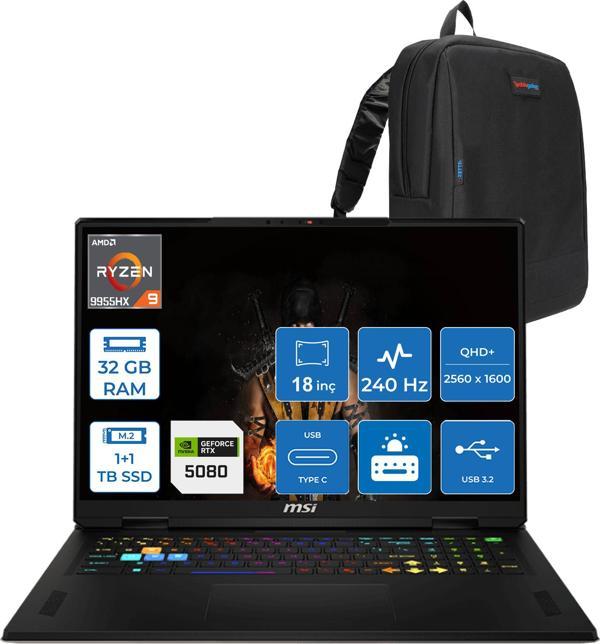 Msı Vector A18 Hx A9WIG-093TR Amd Ryzen 9-9955HX Aı 32GB 1tb Ssd+1tb SSD 16GB/RTX5080 Gddr7 175W 18 Inç 2k 2560×1600) Qhd+ 240Hz Freedos Gaming Laptop ZT093TRF12+ZETTAÇANTA - Image 1