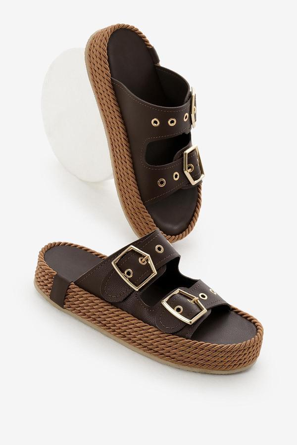 Tonny Black Kadın Kahve Halat Detaylı Yüksek Taban Çift Tokalı Terlik - Image 1