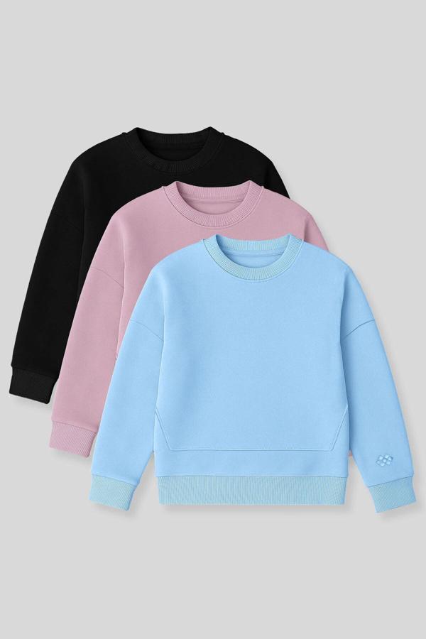 Oversize 3lü Paket Siyah-Gül Kurusu-Açık Mavi Kız Çocuk Sweatshirt - 75150 - Image 1