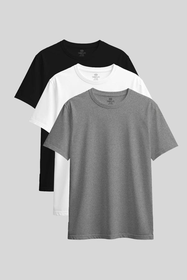 Standart Fit Basic O Yaka 3lü Paket Siyah-Beyaz-Gri Melanj Kadın T-Shirt - 97311 - Image 1