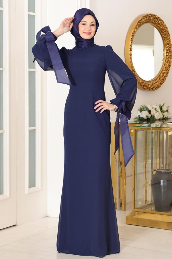 Kol Detaylı Firuze Şifon Tesettür Abiye - Image 1