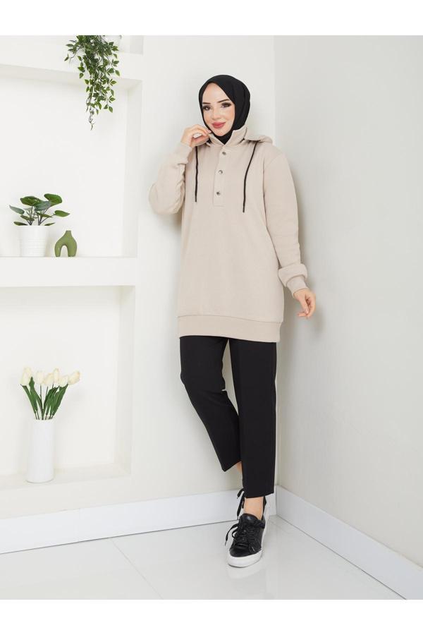 Kapşonlu 3 İplik Büyük Beden Tesettür Sweatshirt - Image 1