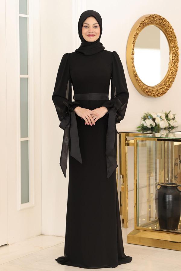 Kol Detaylı Firuze Şifon Tesettür Abiye - Image 1