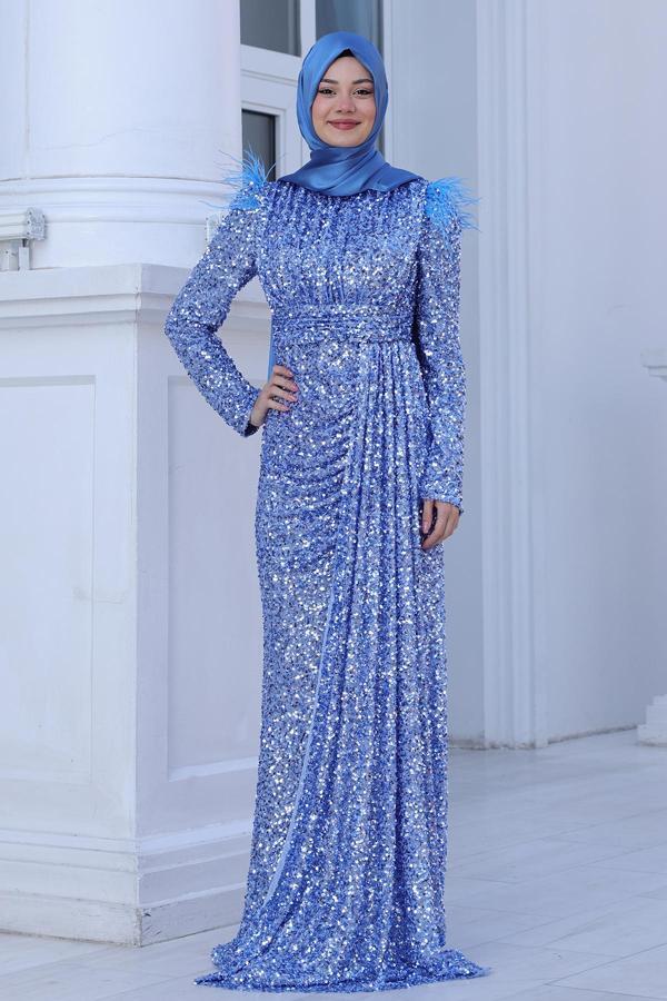 Parıltılı Kol Tüy Detaylı Şura Tesettür Büyük Abiye - Image 1