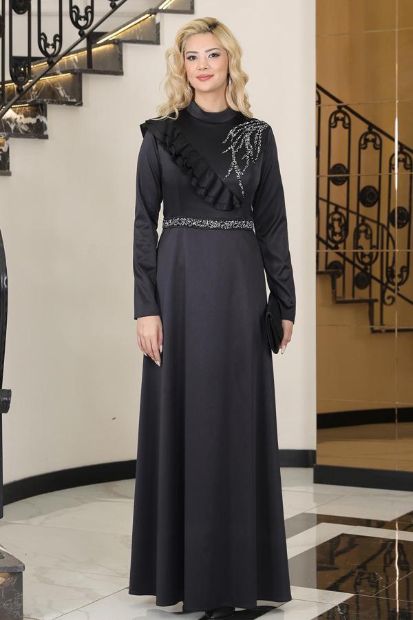 Omuz Taş Baskı Şık Saten Ada Büyük Beden Tesettür Abiye - Image 1