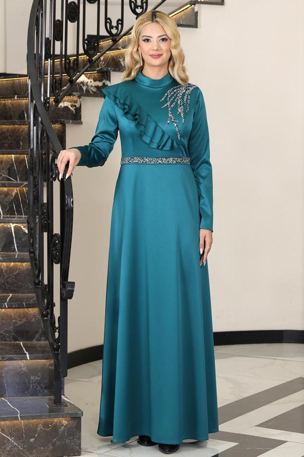 Omuz Taş Baskı Şık Saten Ada Büyük Beden Tesettür Abiye - Image 1