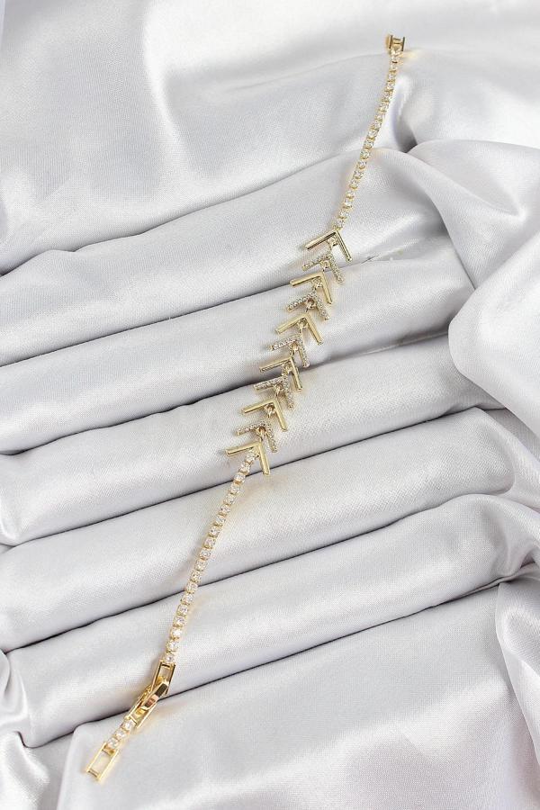 Pirinç Gold Renk Zirkon Taşlı Balık Sırtı Kadın Bileklik - Image 1