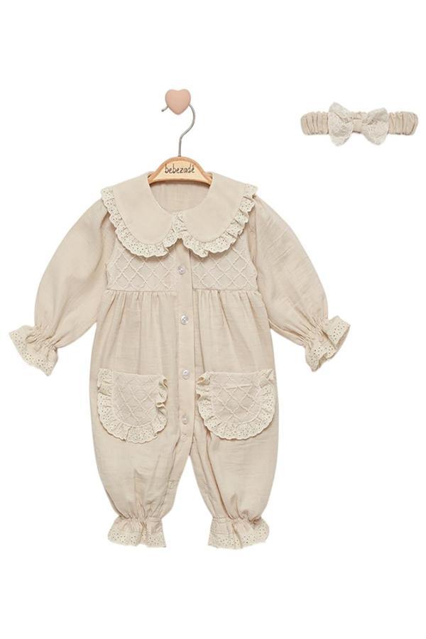 Celira Bej Tül Detaylı Tulum 3 Ay,6 Ay,9 Ay,12 Ay Kız Bebe - Image 1