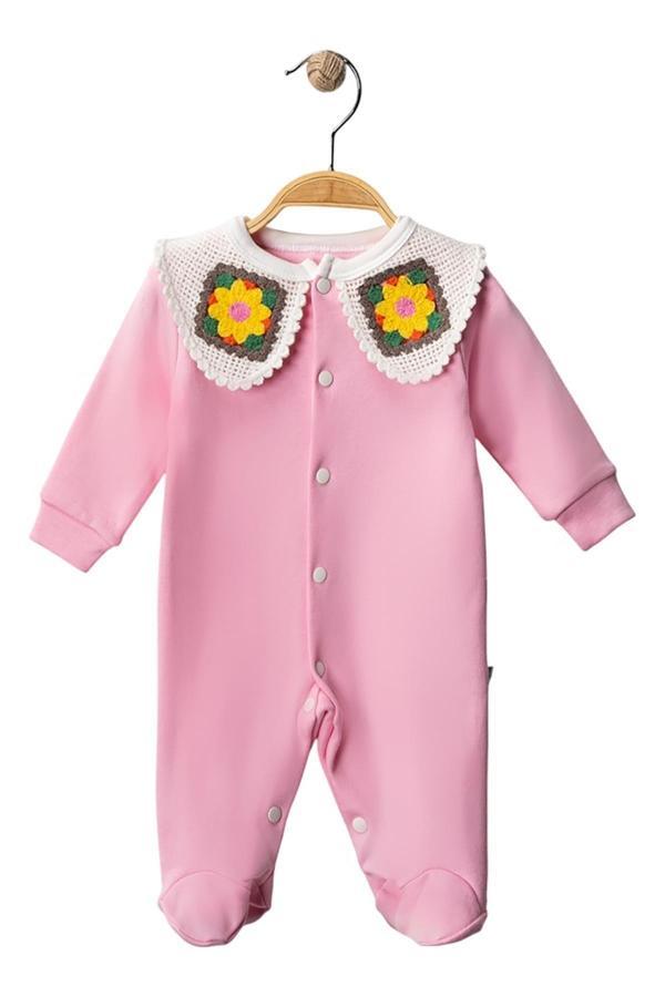 Celira Pembe Çiçek Örgü Yakalı Tulum 3 Ay,6 Ay Kız Bebek - Image 1