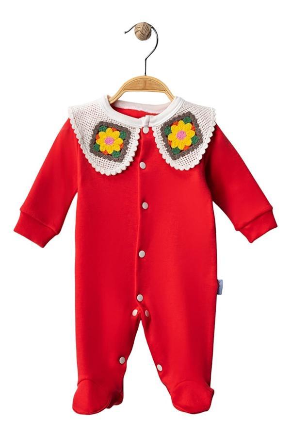 Celira Kırmızı Çiçek Örgü Yakalı Tulum 3 Ay,6 Ay Kız Bebek - Image 1