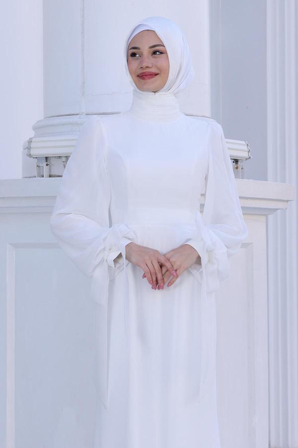 Kol Detaylı Firuze Şifon Tesettür Abiye - Image 1