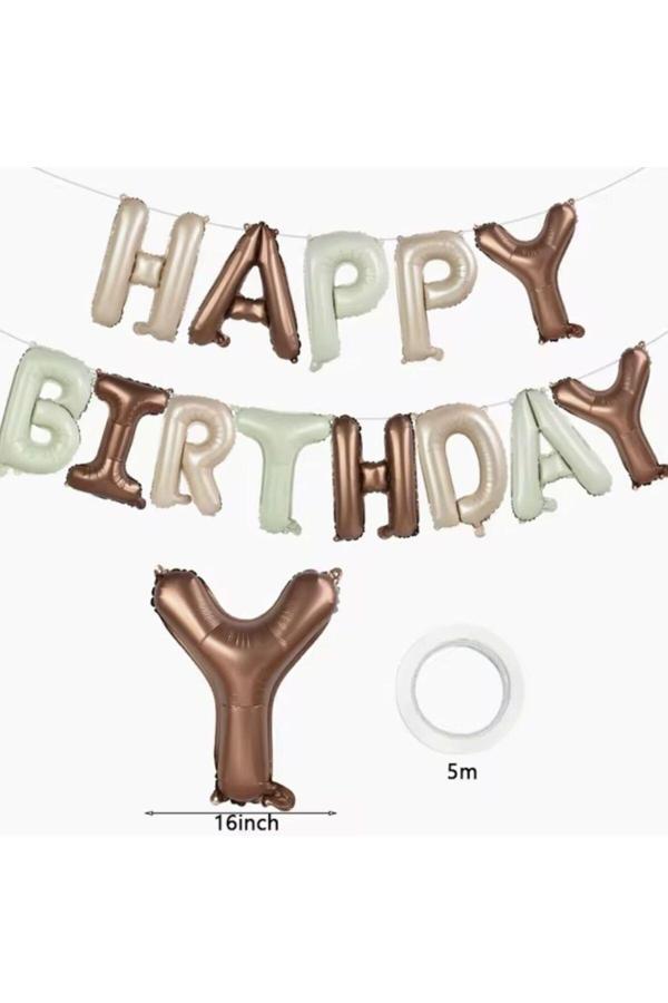 Parti Sürprizi Retro Krem Karamel Bej Happy Birthday Harf Folyo Balon Set - Image 1