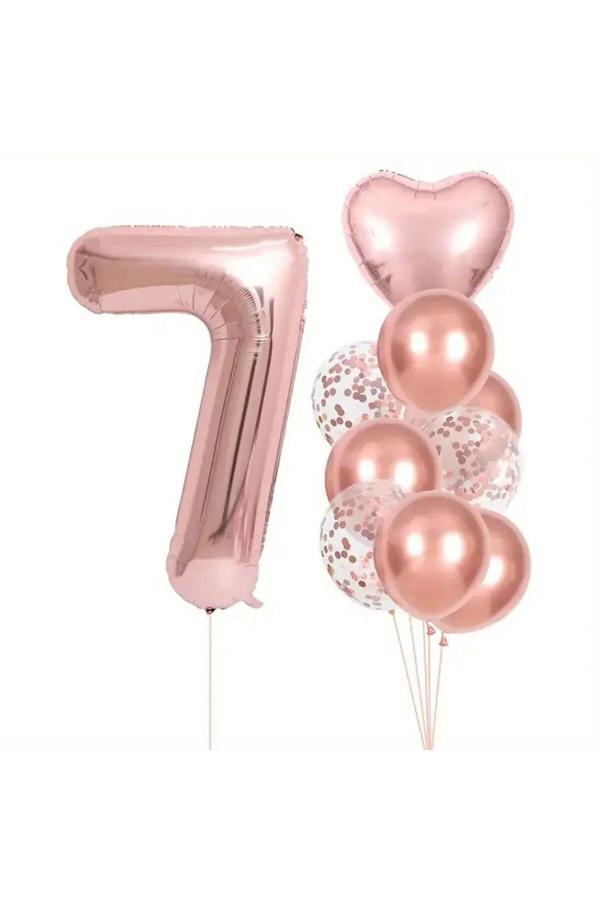 Parti Sürprizi Rose Gold kalpli 7 Yaş Folyo Balon Set - Image 1