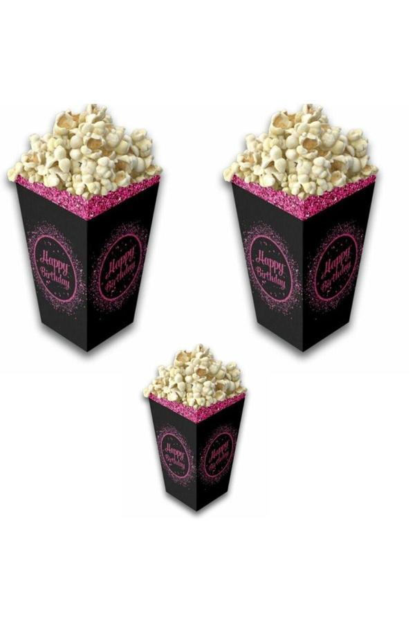 Parti Sürprizi Pembe Siyah Happy Birthday  Mısır Kutusu 8 Adet - Image 1