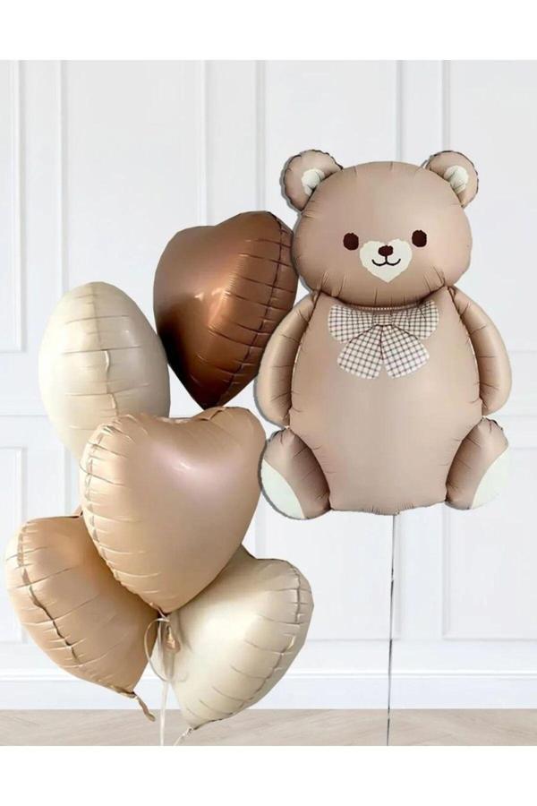 Parti Sürprizi Retro Sevimli Ayı ve 5 Retro Krem Karamel Çikolata Kahve Kalp Folyo Balon Seti - Image 1