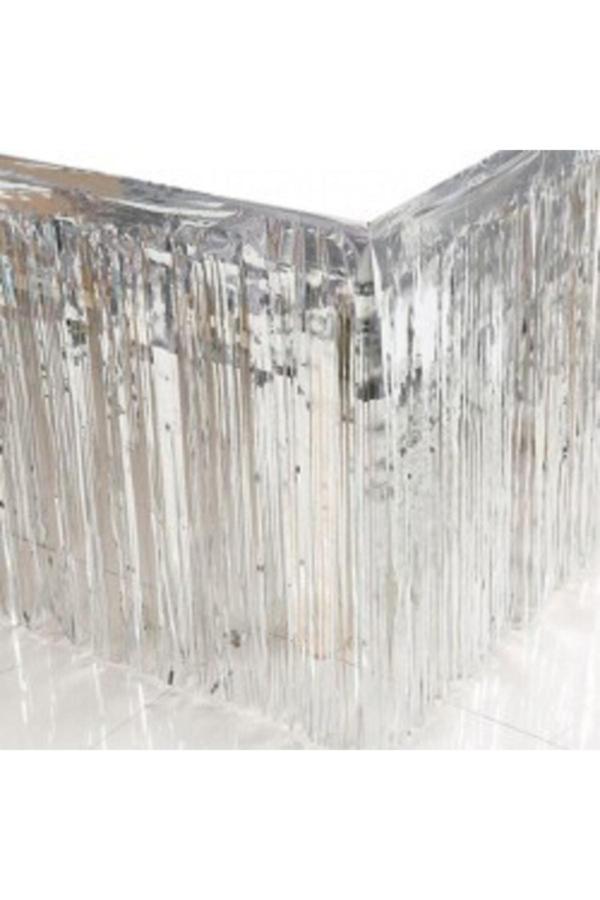 Parti Sürprizi Metalik Püsküllü Gümüş Masa Eteği 70x300 Cm - Image 1