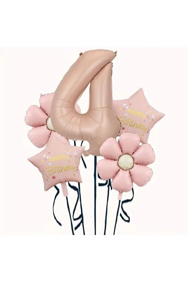 Parti Sürprizi Papatya Karamel Happy Birthday 4 Yaş Folyo Balon Set - Image 1