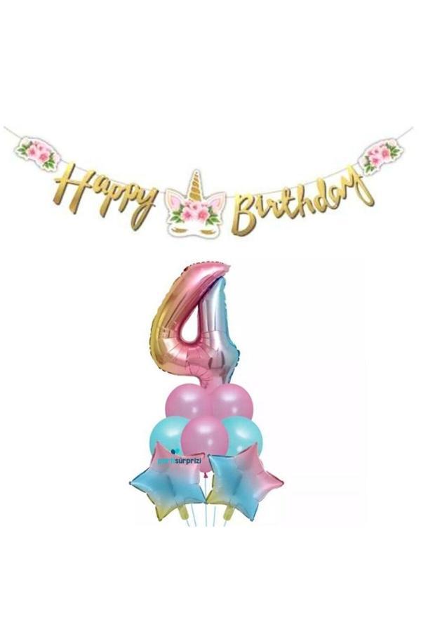 Parti Sürprizi Çiçekli Unicorn 4 Yaş Gökkuşağı  Balon Set - Image 1