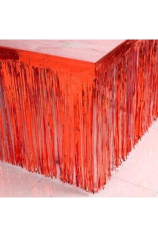Parti Sürprizi Metalik Kırmızı Püsküllü Masa Eteği 70x300cm - Image 1