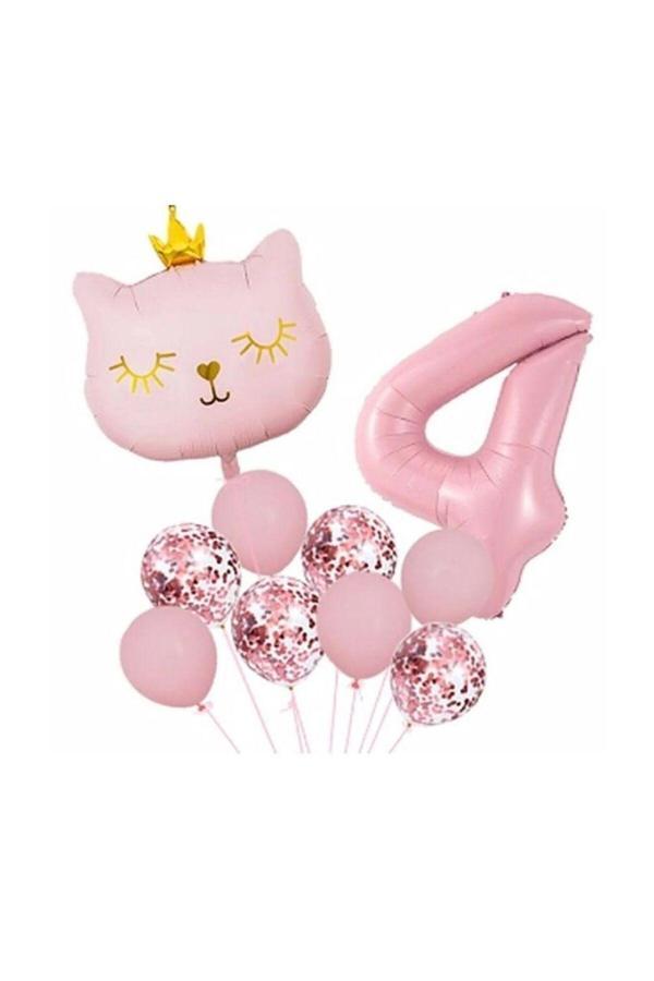 Parti Sürprizi Taçlı Pembe Kedi 4 Yaş Folyo Balon Set - Image 1