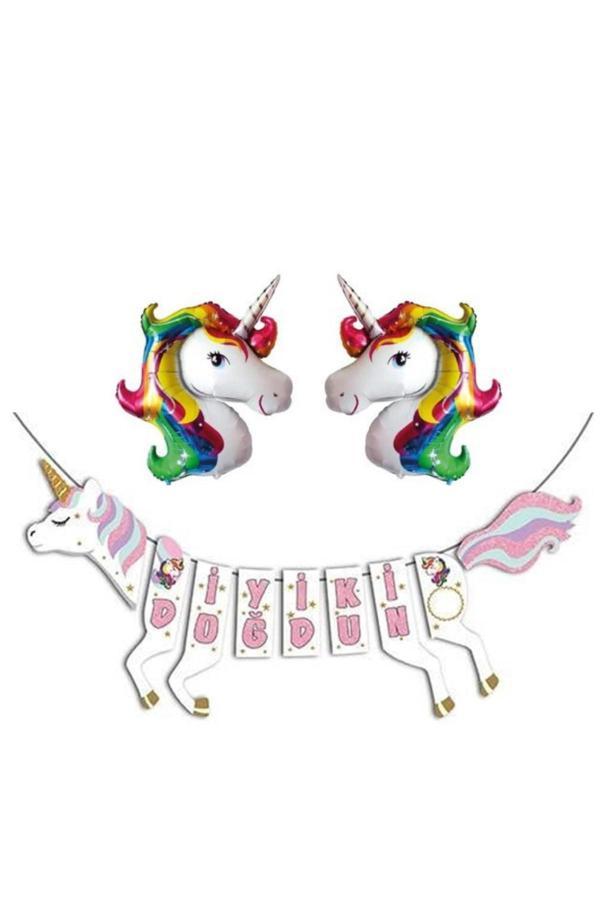 Parti Sürprizi Unicorn Şekilli Iyi Ki Doğdun Gökkuşağı Folyo Balon Set - Image 1