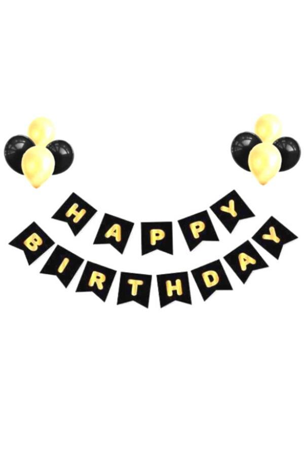 Parti Sürprizi Siyah Üzeri Gold Baskılı Happy Birthday Balonlu Set - Image 1