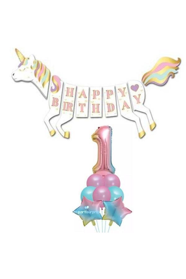 Parti Sürprizi Unicorn 1 Yaş Happy Birthday Gökkuşağı Balonlu Set - Image 1