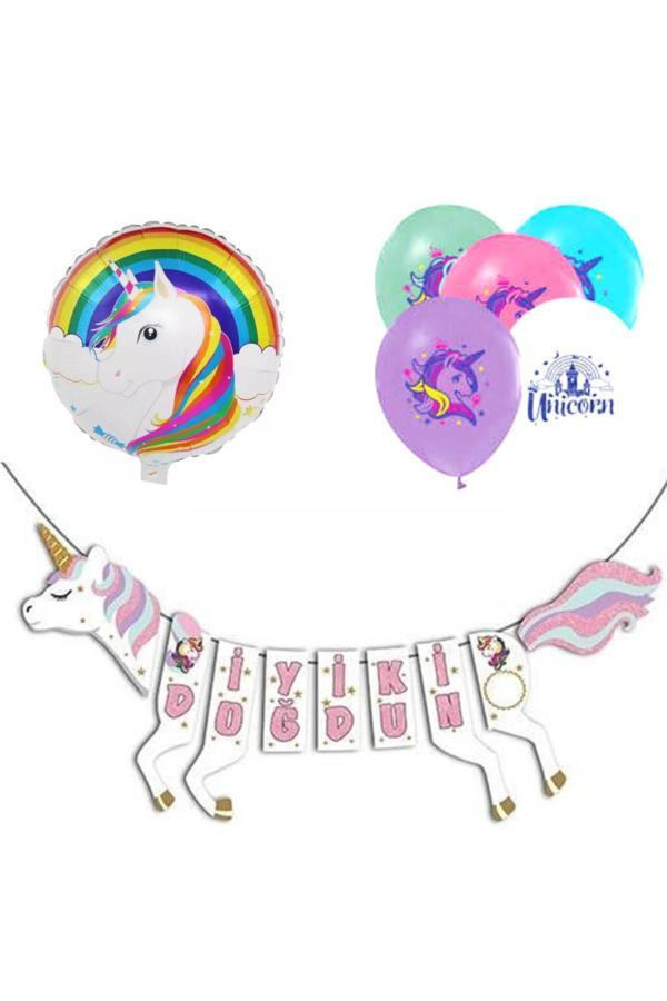 Parti Sürprizi Unicorn Şekilli Iyi Ki Doğdun Balonlu Set - Image 1