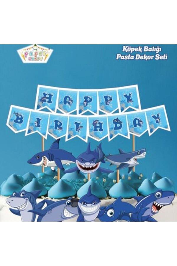 Parti Sürprizi Köpek Balığı Teması Happy Birthday Kürdanlı Set - Image 1