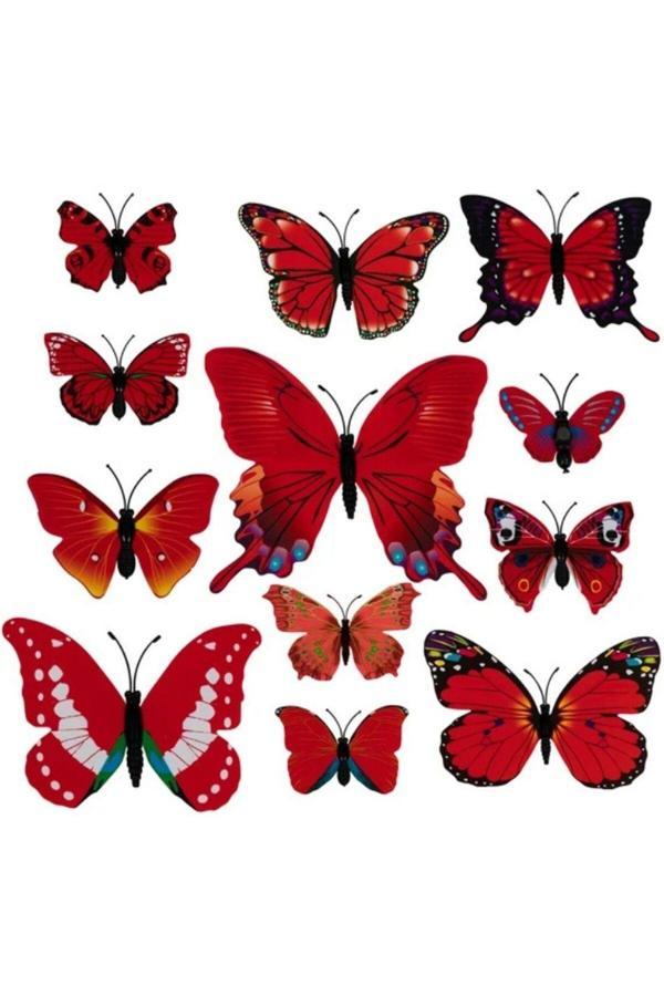 Parti Sürprizi Kırmızı Kelebek Dekor Süs Mıknatıs Ve Stickerli 12 Adet - Image 1
