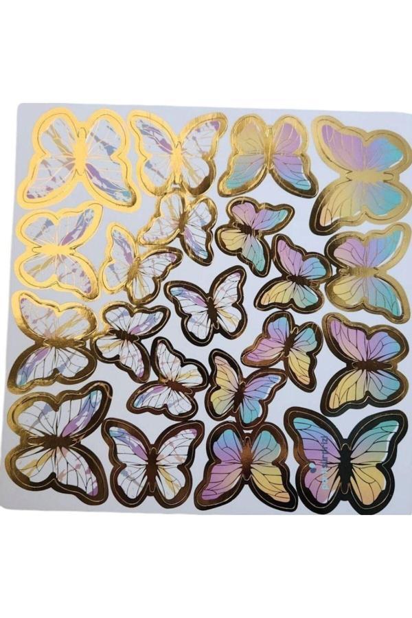 Parti Sürprizi Macaron Renkli Gold Varaklı Kelebek Pasta Dekor Süs 42 Adet - Image 1
