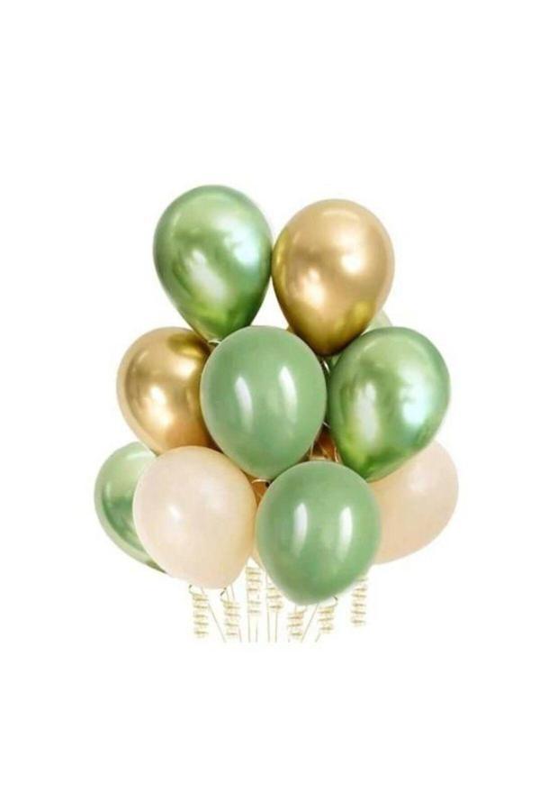 Parti Sürprizi Retro Beyaz,Metalik Yeşil,Gold Krom,Küf Yeşili 12''Latex Balon 10 Adet - Image 1