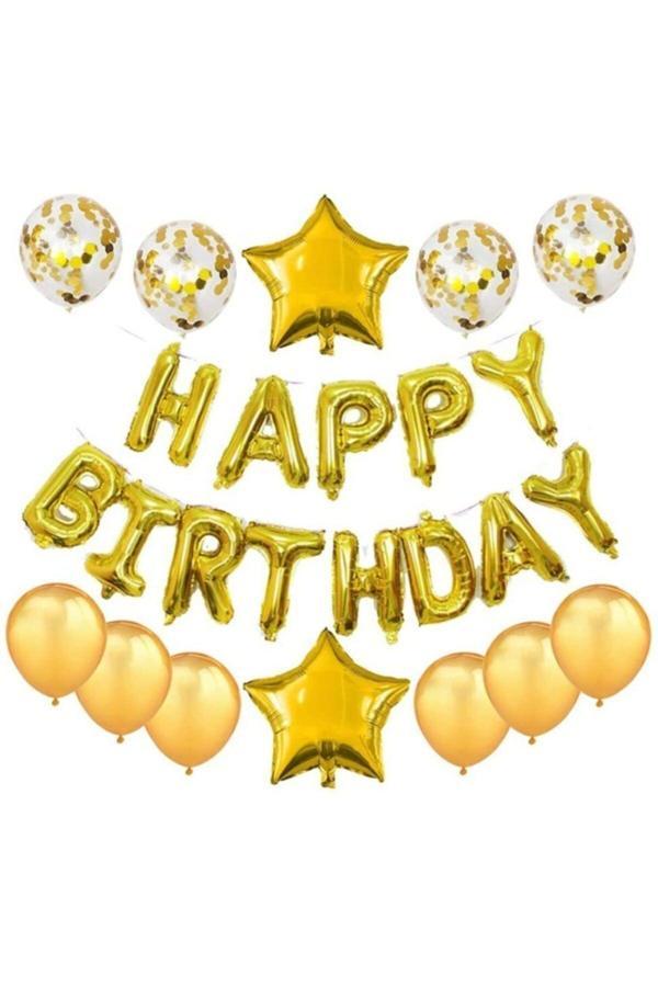 Parti Sürprizi Happy Birthday Altın Balon Seti - Image 1