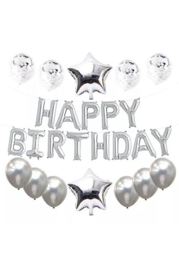 Parti Sürprizi Happy Birthday Gümüş Folyo Balon Set - Image 1