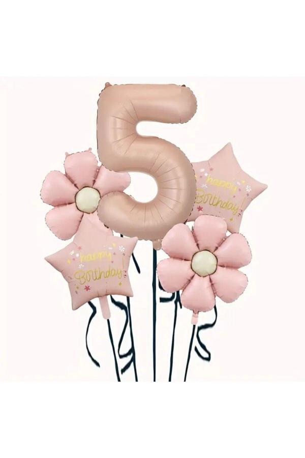 Parti Sürprizi Papatya Karamel Happy Birthday 5 Yaş Folyo Balon Set - Image 1