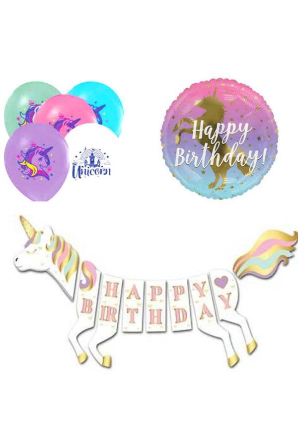 Parti Sürprizi Unicorn Şekilli Happy Birthday Balonlu Set - Image 1