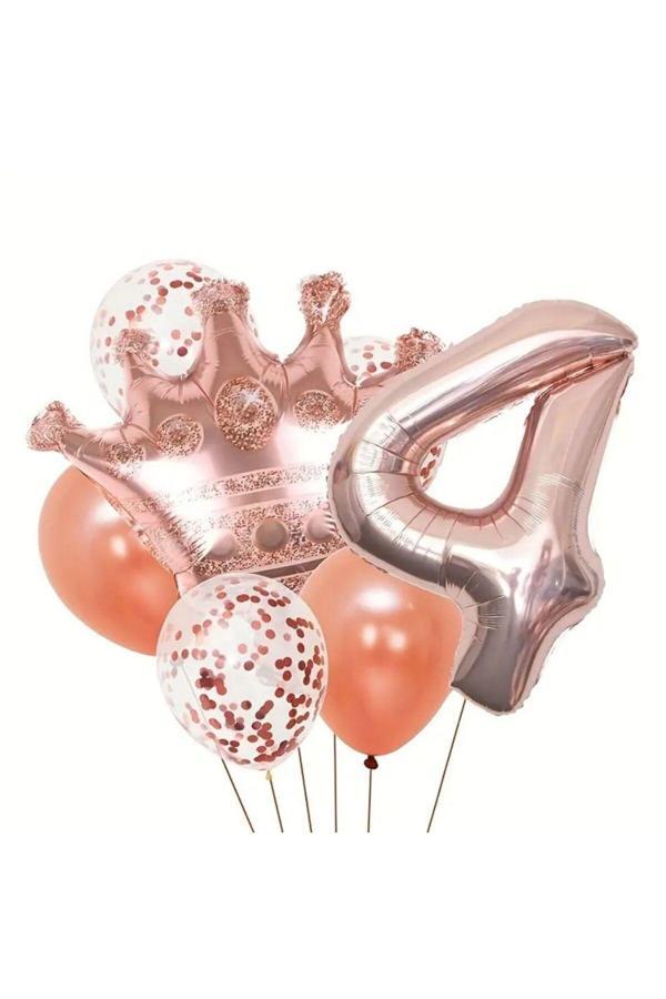 Parti Sürprizi Rose Gold Taçlı 4 Rakam Balon Set - Image 1