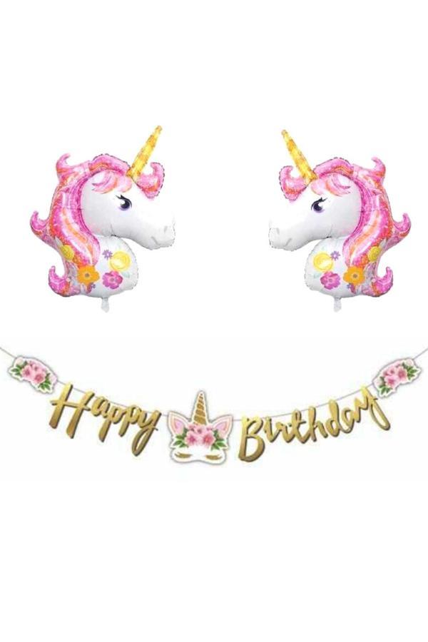 Parti Sürprizi Çiçekli Unicorn Happy Birthday Folyo Balonlu Set - Image 1