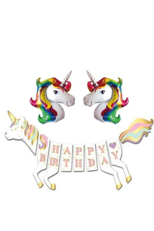 Parti Sürprizi Unicorn Happy Birthday Gökkuşağı Folyo Balon Set - Image 1