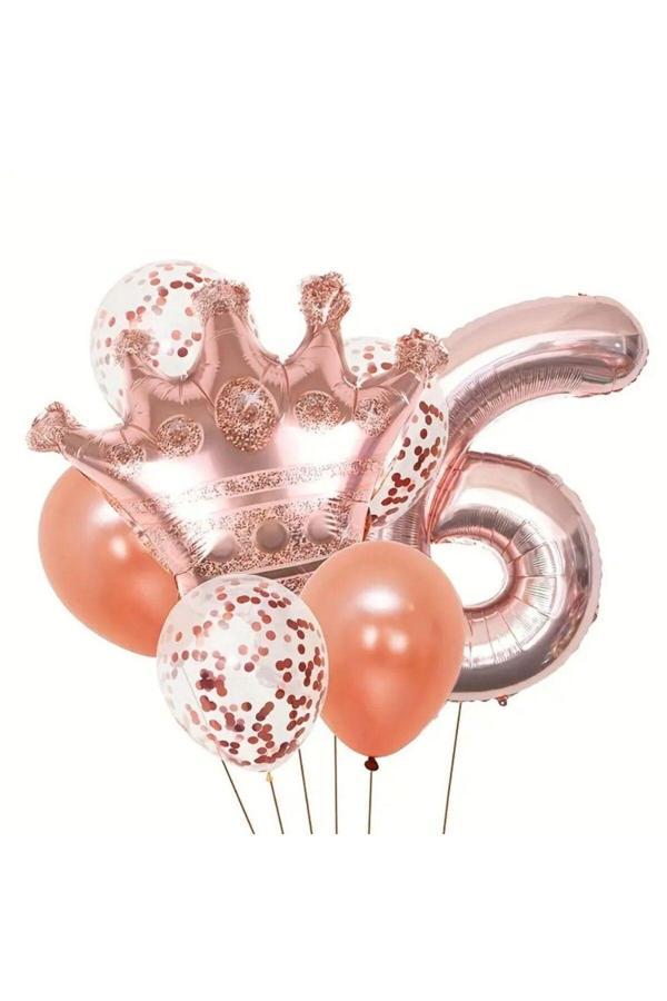 Parti Sürprizi Rose Gold Taçlı 6 Rakam Balon Set - Image 1