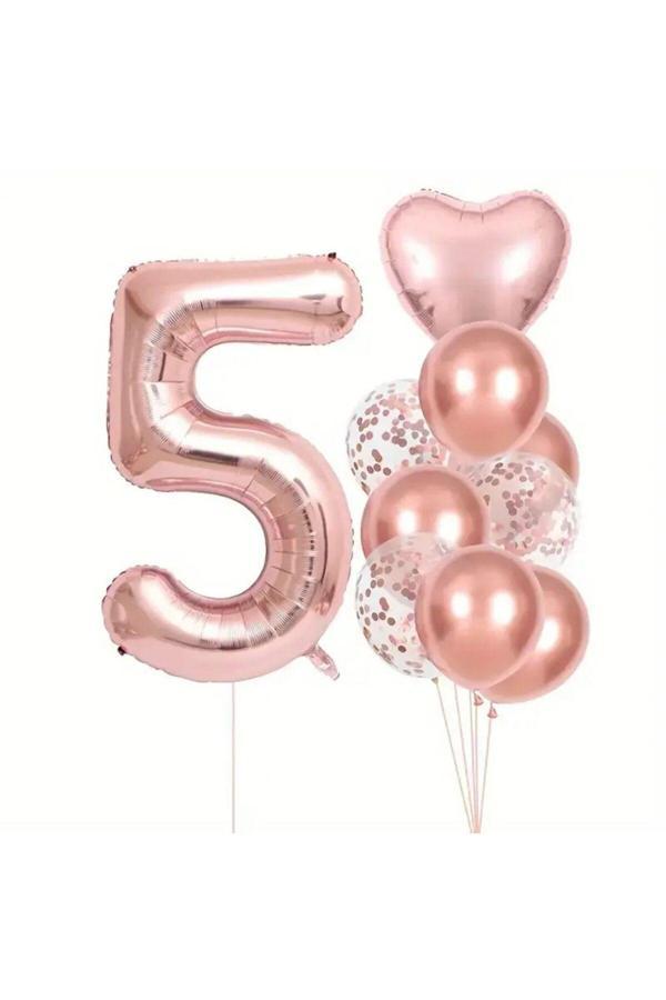Parti Sürprizi Rose Gold kalpli 5 Yaş Folyo Balon Set - Image 1