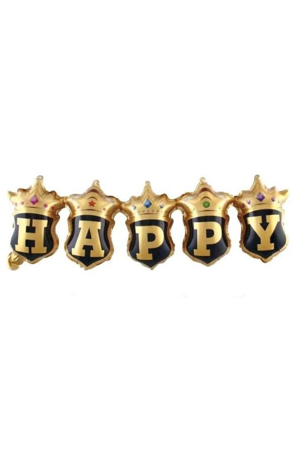 Parti Sürprizi Taçlı Birleşik Happy Yazı 23x81 cm Folyo Balon - Image 1